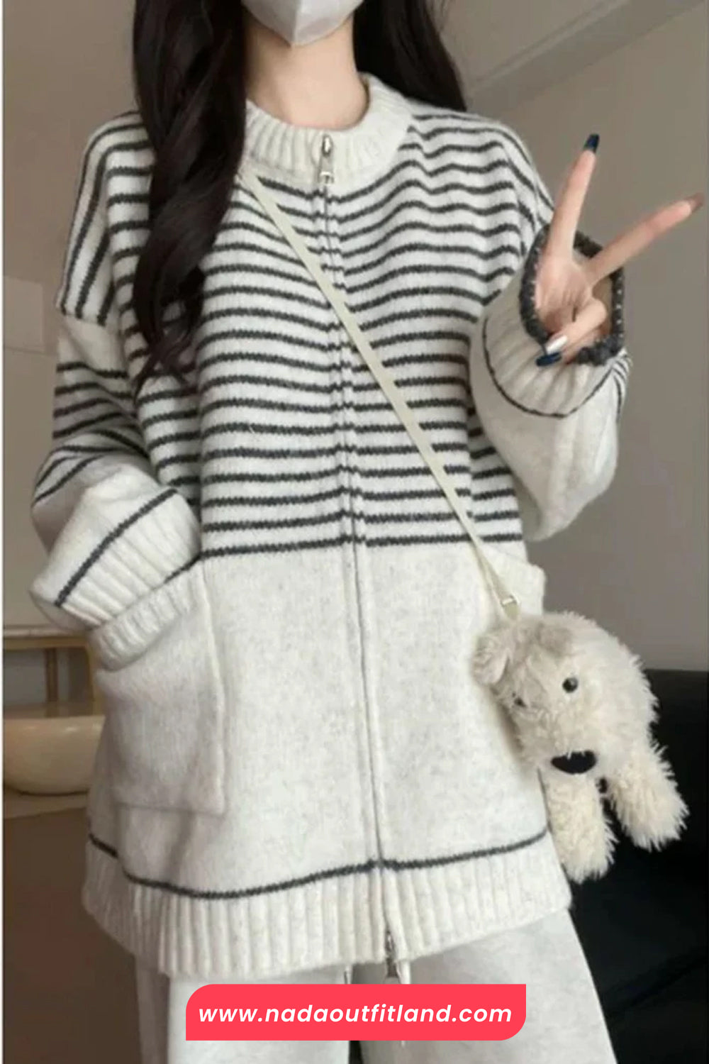 Long Sleeve Striped Style Zipper Cardigan Sweater