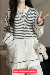 Long Sleeve Striped Style Zipper Cardigan Sweater