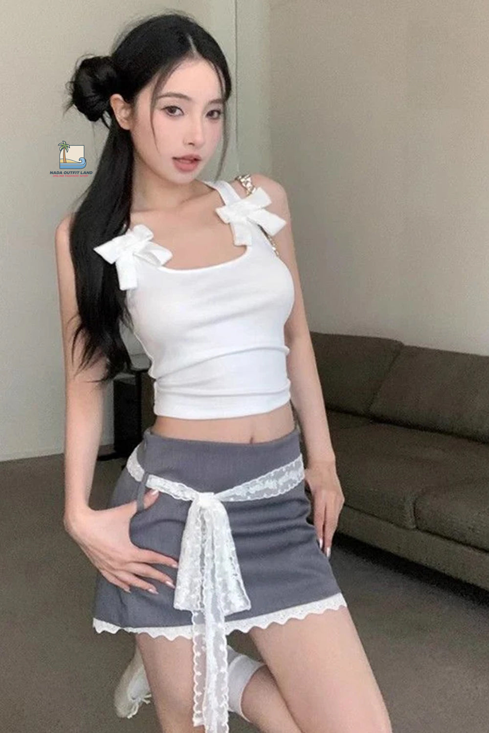 High Waist Lace Bandage Grey Mini Skirts