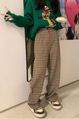 High Waist Retro Brown Plaid Long Pants