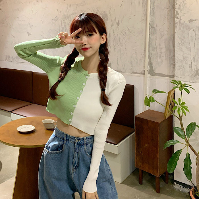 Half Colors Combination Slim Cardigan Sweater
