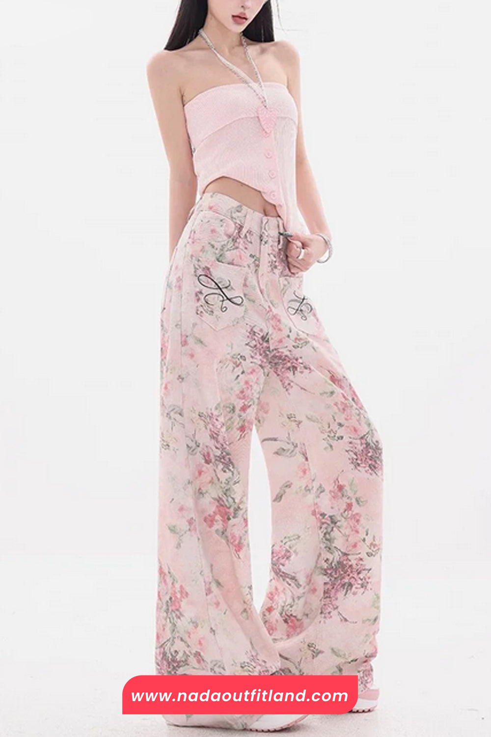 High Waist Floral Pattern Pink Pants