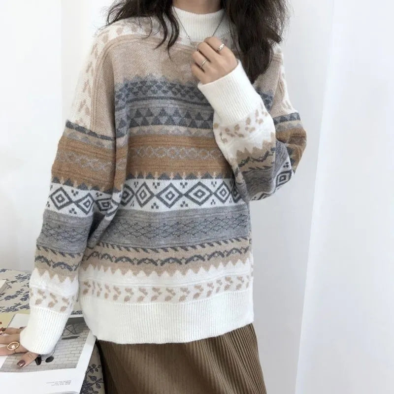 Retro Geometric Pattern Knitted Loose Sweater