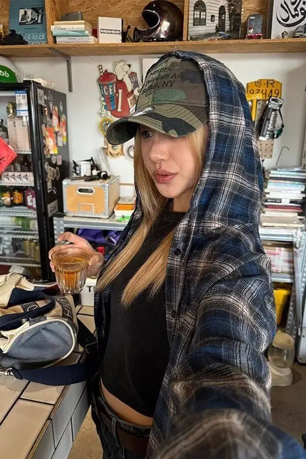 Vintage Plaid Hooded Blouse â€?Cozy Relaxed Everyday Shirt