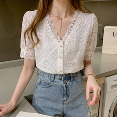 V-Neck Lace Hollow Out Retro Shirt