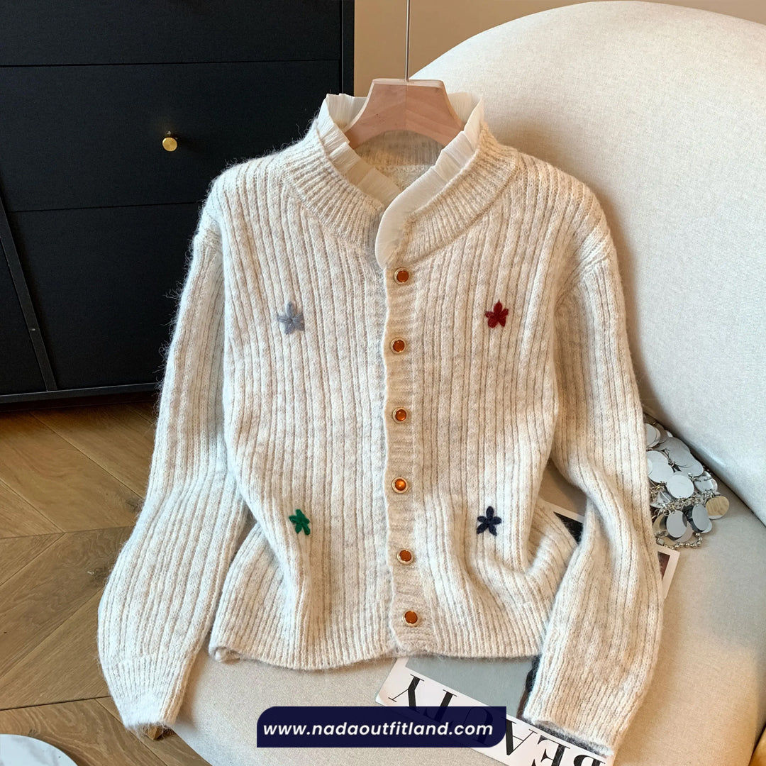 Long Sleeve Cute Daisy Retro Knitted Cardigan Sweater