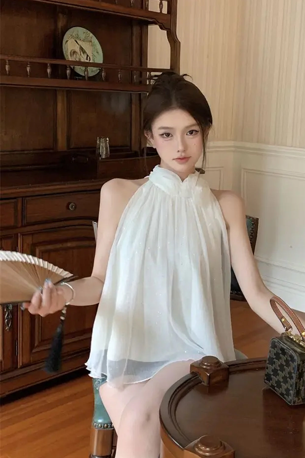 Loose Flower Halter Neck Mesh Sleeveless Blouse Shirt