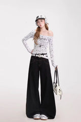 Loose Stars Pattern Back Printed Black Jeans Pants