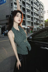 Sexy Turn Down Collar Plaid Sleeveless Crop Tops