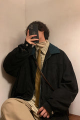 Loose Black Color Turn Down Collar Corduroy MEN Jacket