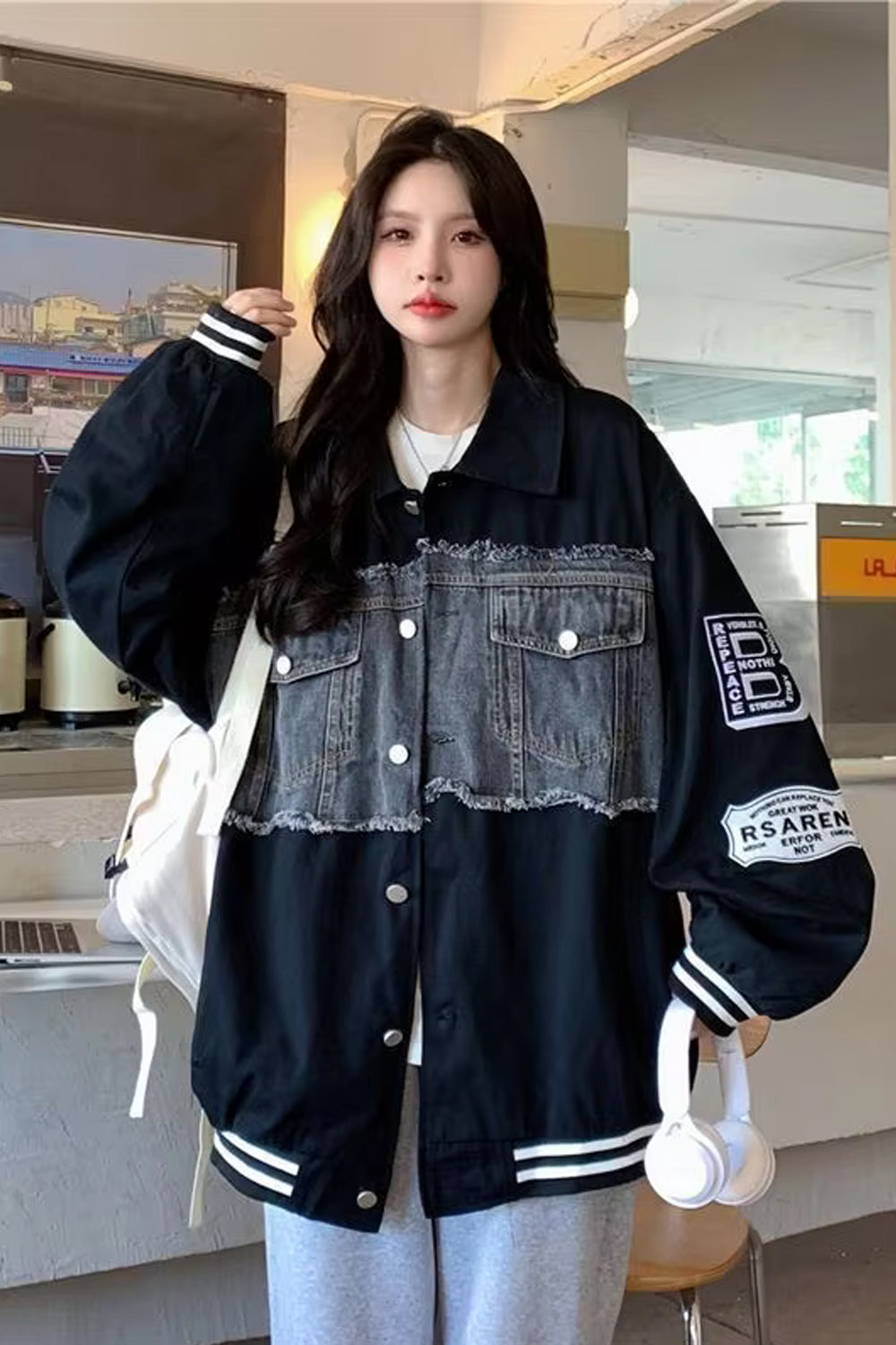 Long Sleeve Denim Patchwork Embroidered Baseball Jacket