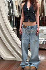 Loose Unique Front Pockets Wide Leg Jeans Pants