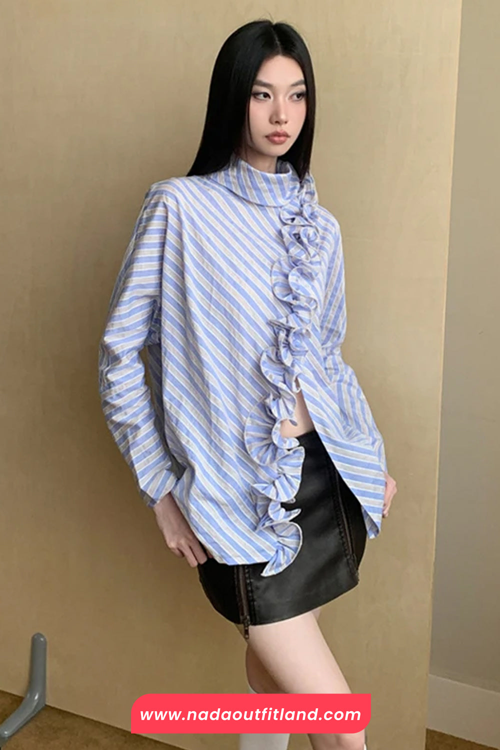 Long Sleeve Vintage Striped Ruffles Irregular Blouse Shirt