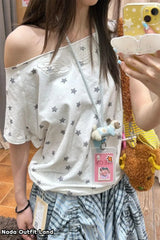 Short Sleeve Cute Off Shoulder Stars Pattern Shirts