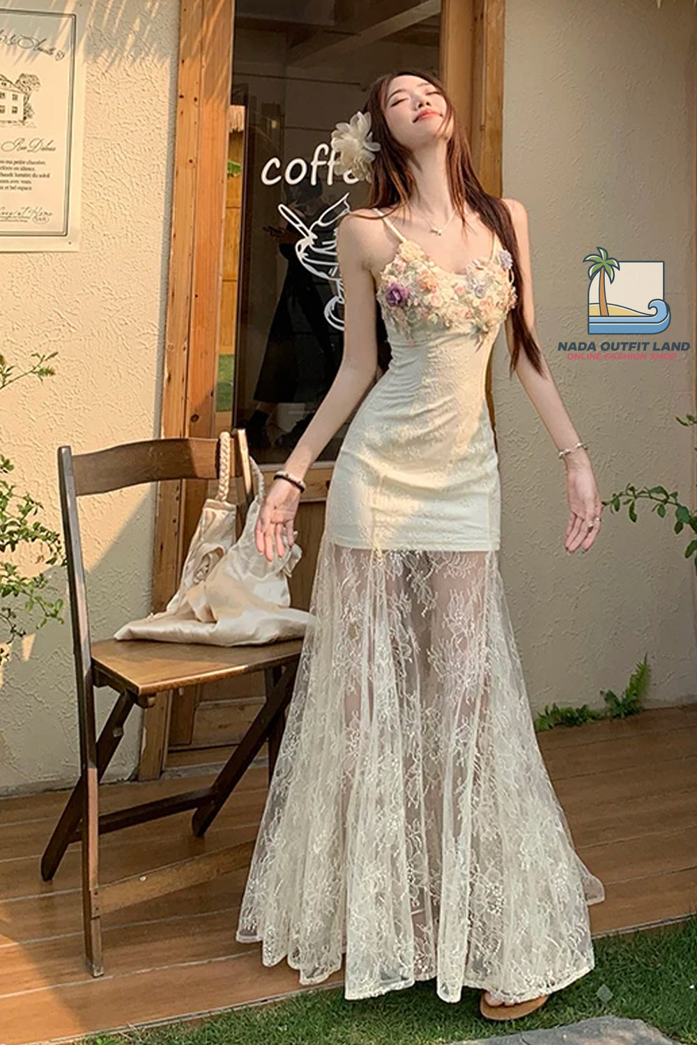 Sexy Spaghetti Strap Floral Lace Bodycon Long Dress
