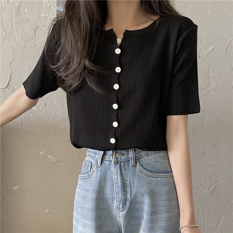 Short Sleeve Candy Colors Button Knitted Shirt