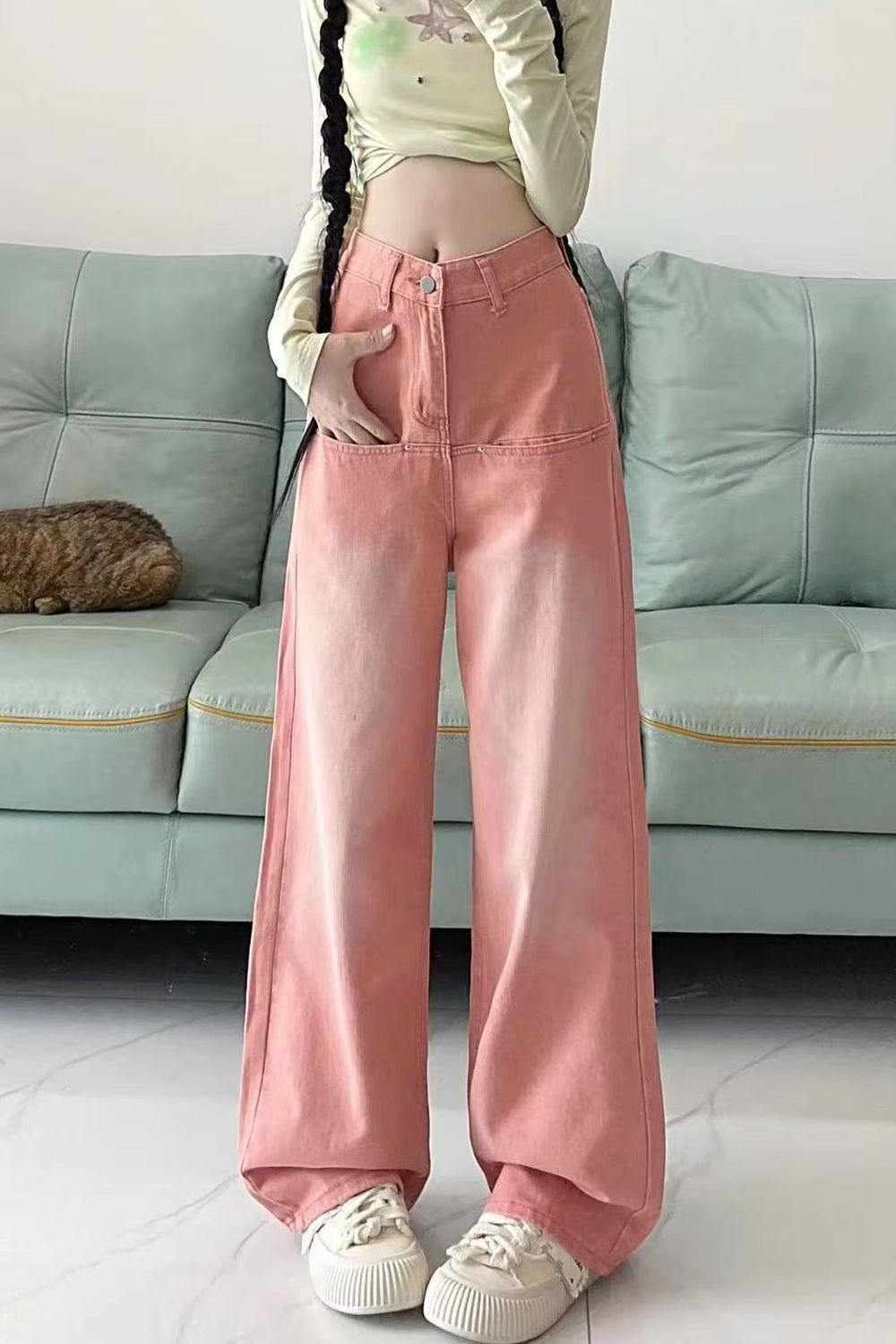 High Waist Vintage Pink Jeans Pants