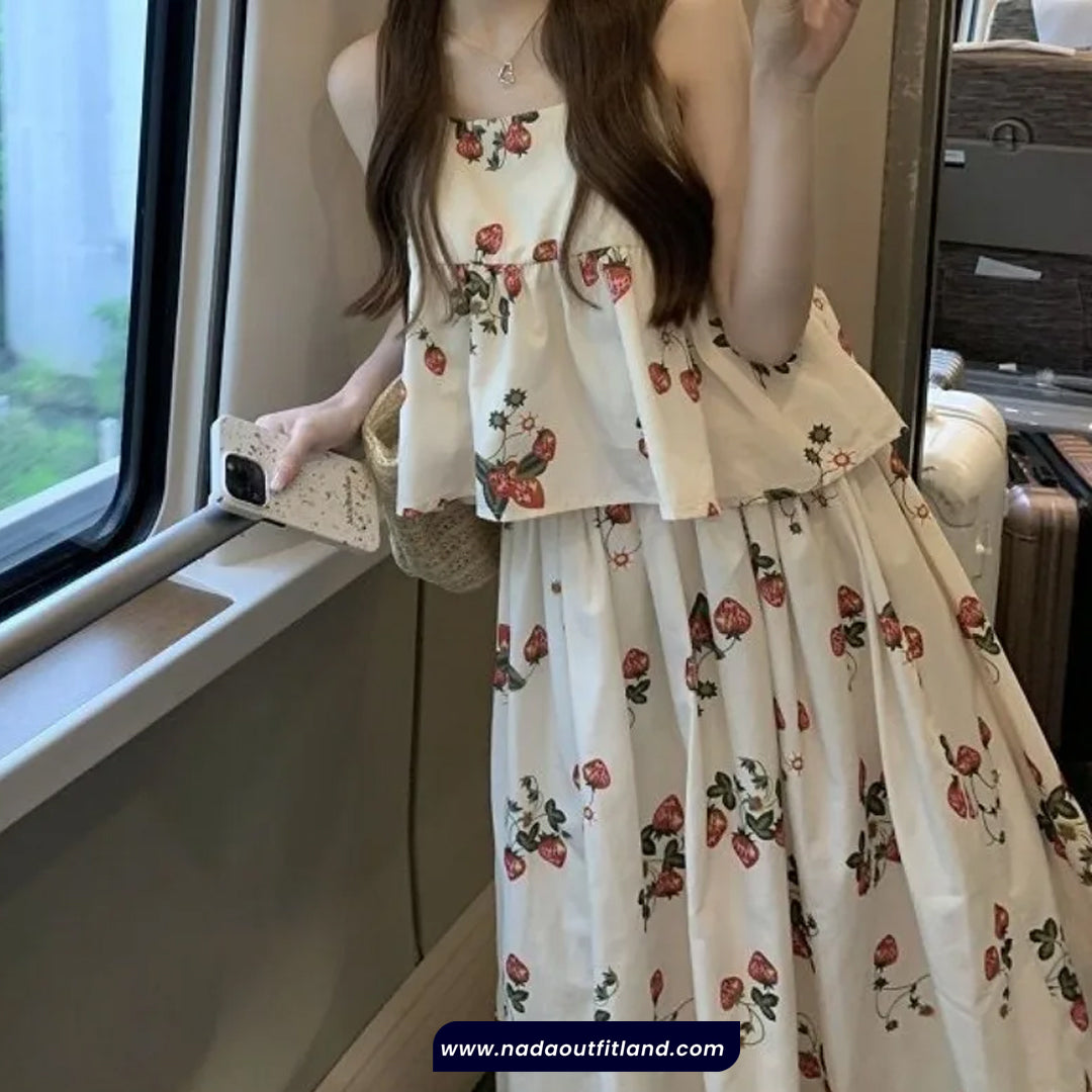 Two Piece Cute Strawberries Pattern Dress Skirts Set