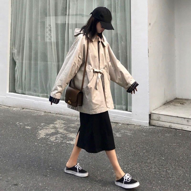 Plaid Adjustable Hooded Trench Jacket