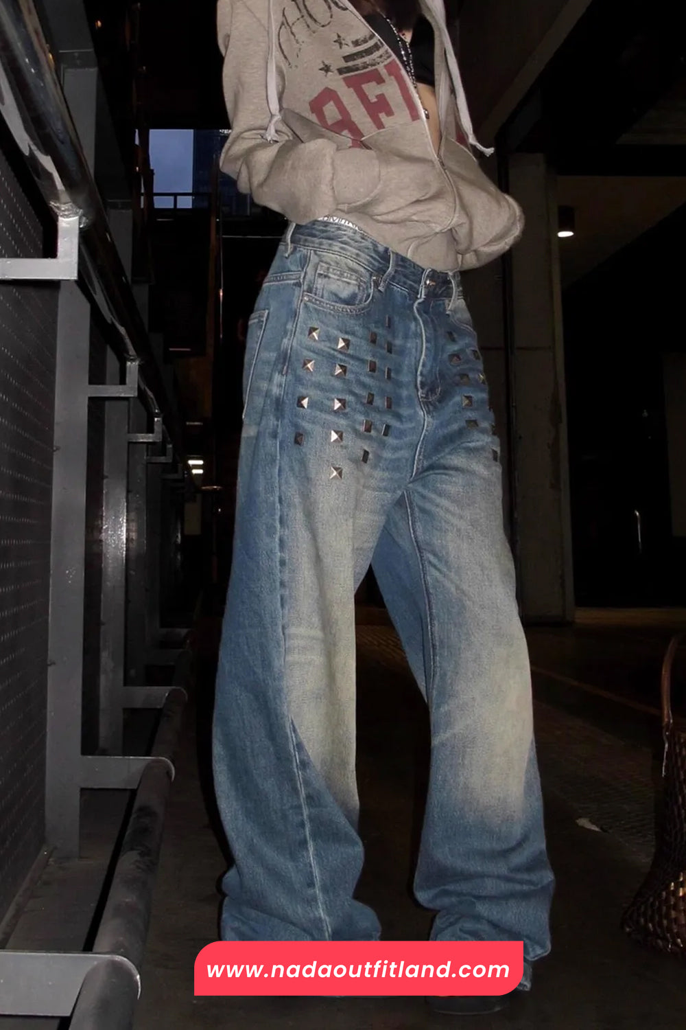High Waist Metal Rivet Washed Jeans Pants
