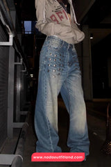 High Waist Metal Rivet Washed Jeans Pants