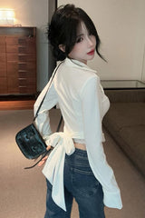 Lapel Collar Lace Patchwork Cropped Back Tie Shirt
