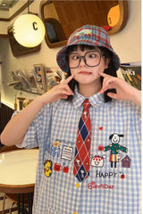 Short Sleeve Cute Pattern Plaid Blouse Shirt