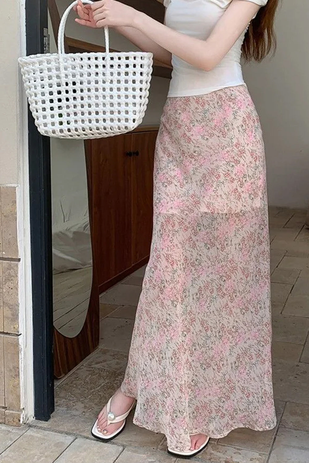 High Waist Pink Floral Long Mermaid Skirts