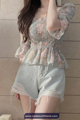 Lantern Sleeve Floral Printed Slim Blouse Shirt