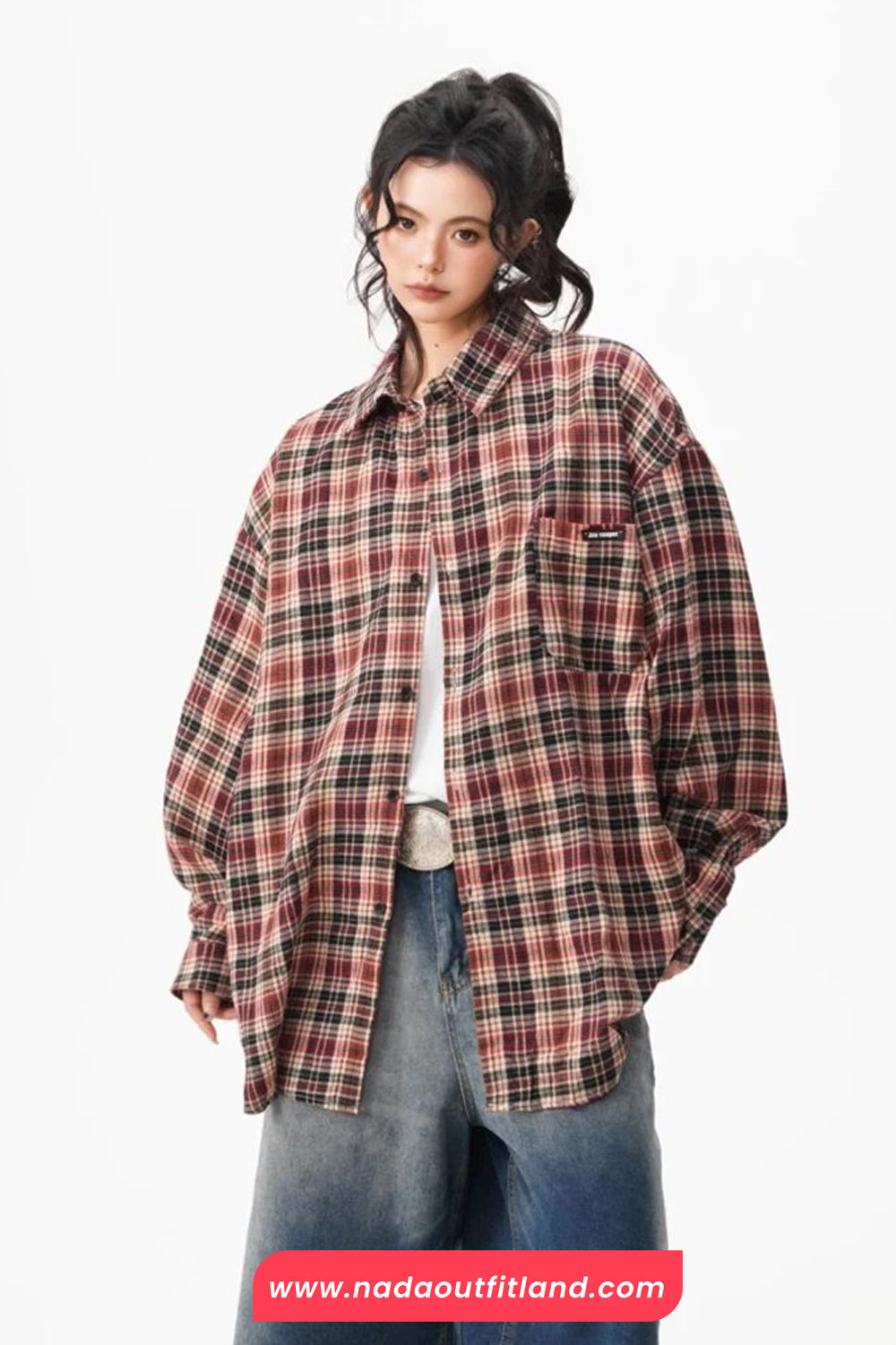 Loose Long Sleeve Retro Plaid Pattern Blouse Shirt