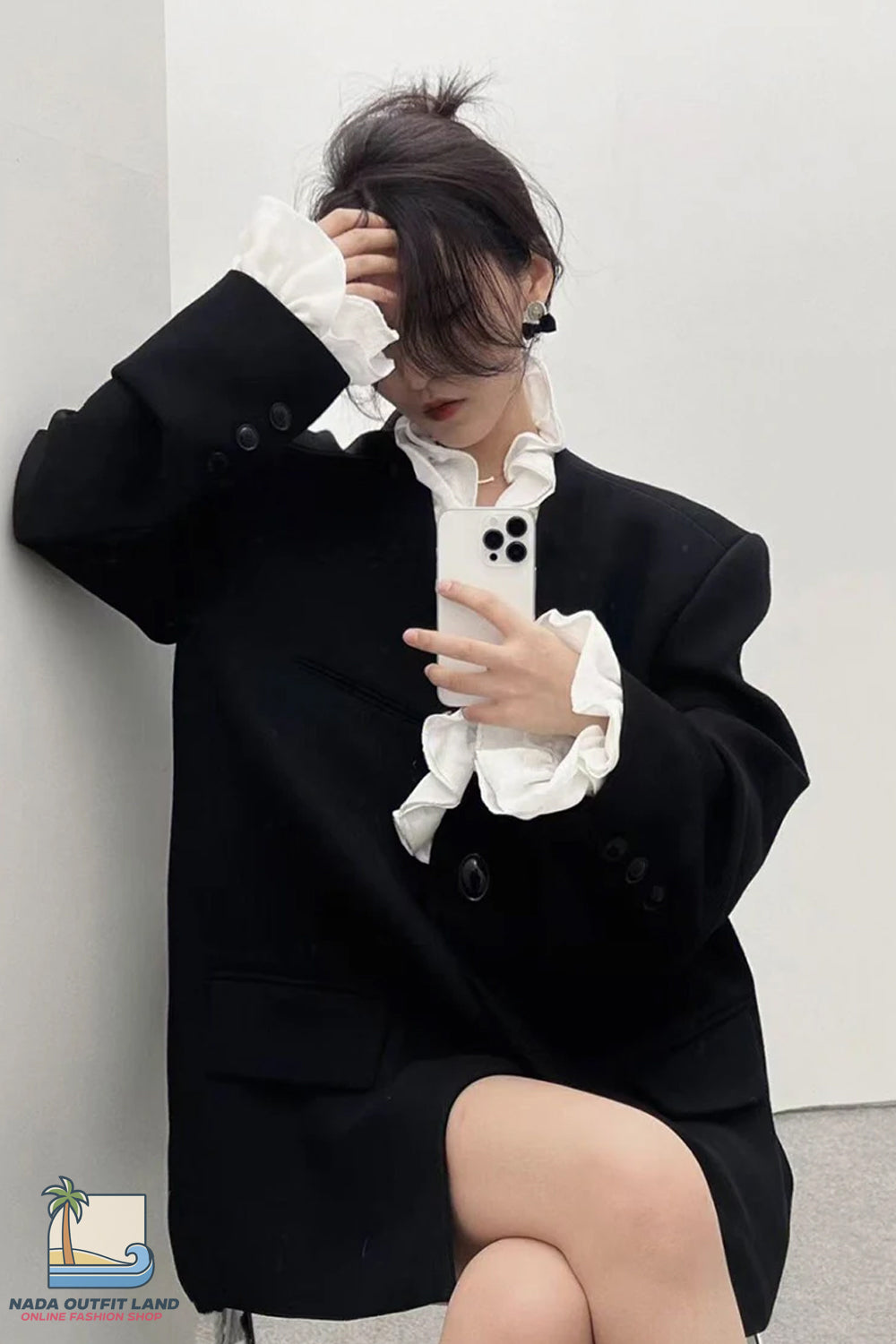 Long Sleeve Black Elegant Ruffle Patchwork Blazer Jacket