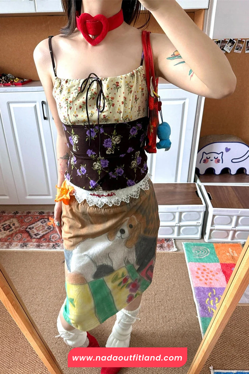 Lace Waist Cute Dog Retro Midi Skirts