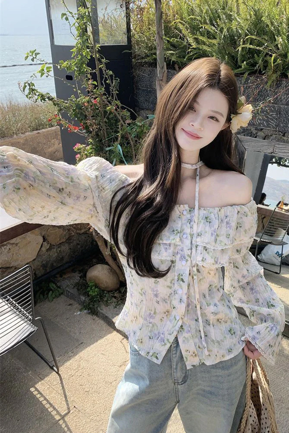 Long Sleeve Sexy Slash Neck Elegant Floral Blouse Shirt