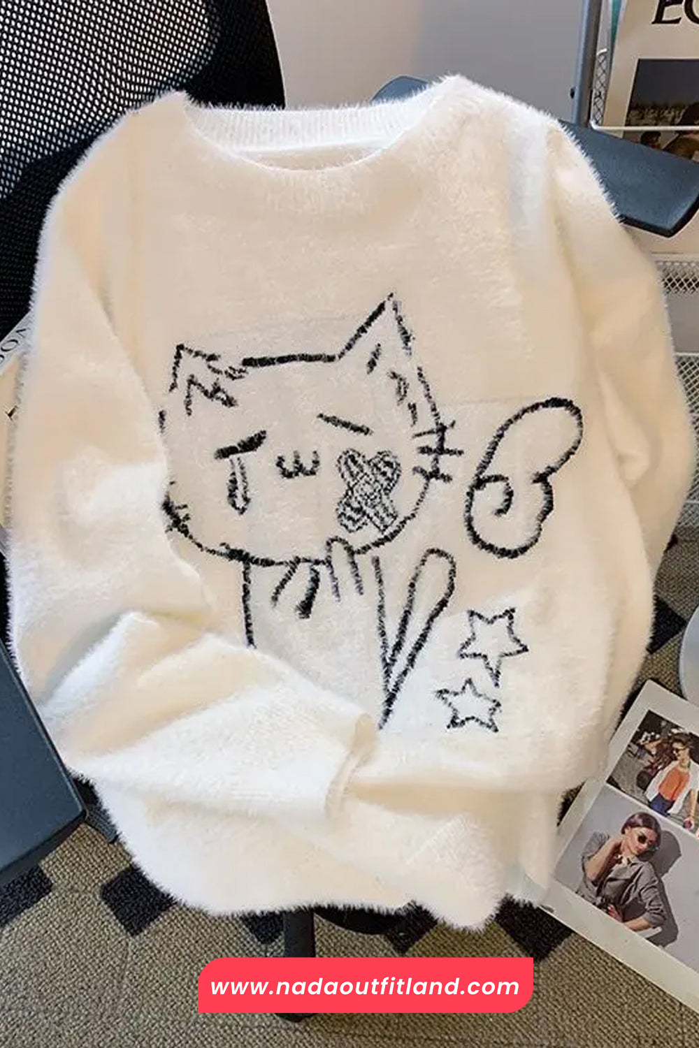 Loose O-Neck Cat Pattern Knitted Cute Sweater