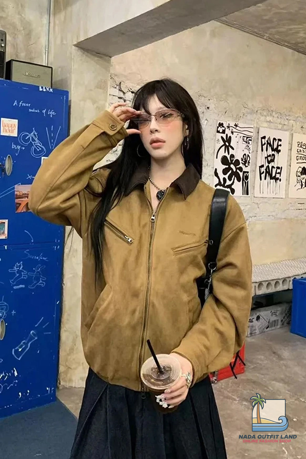 Long Sleeve Retro Turn Down Collar Zipper Jacket
