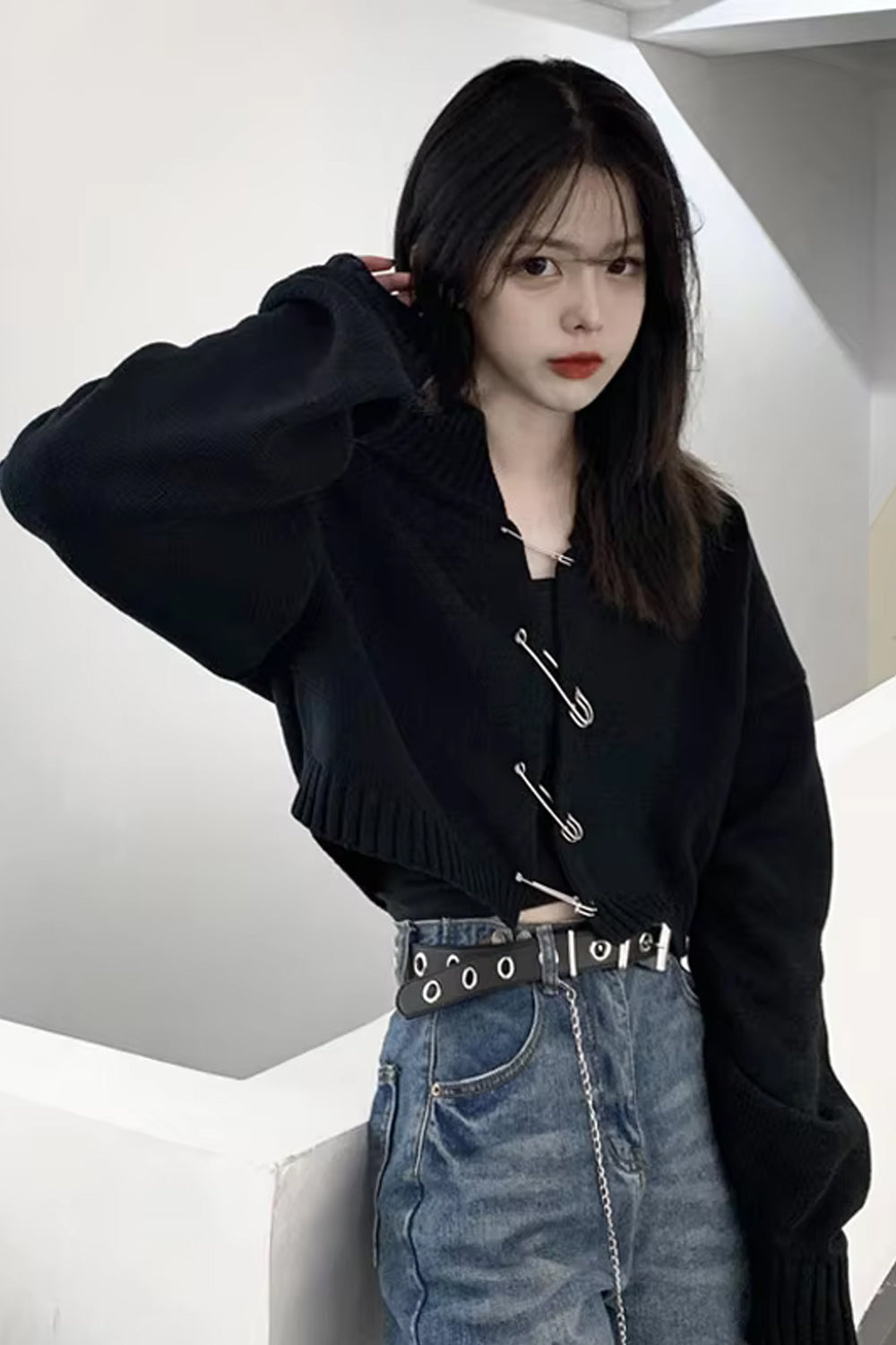 Long Sleeve Big Pin Buckle Cardigan Sweater