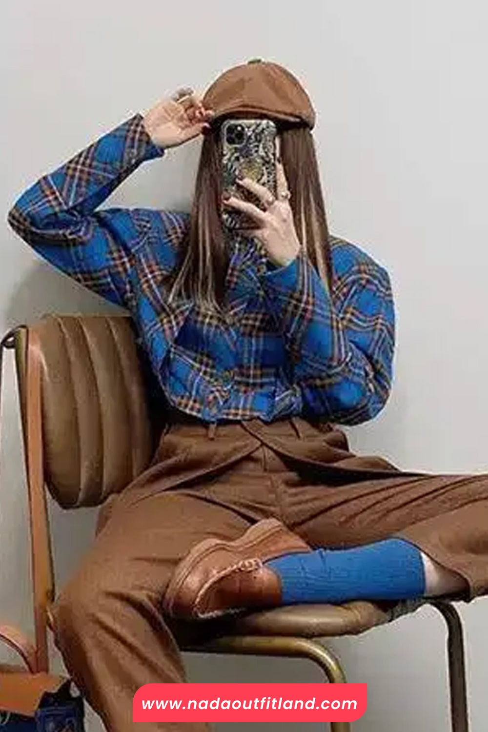 Long Sleeve Vintage Blue Plaid Cropped Blouse Shirt