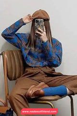 Long Sleeve Vintage Blue Plaid Cropped Blouse Shirt