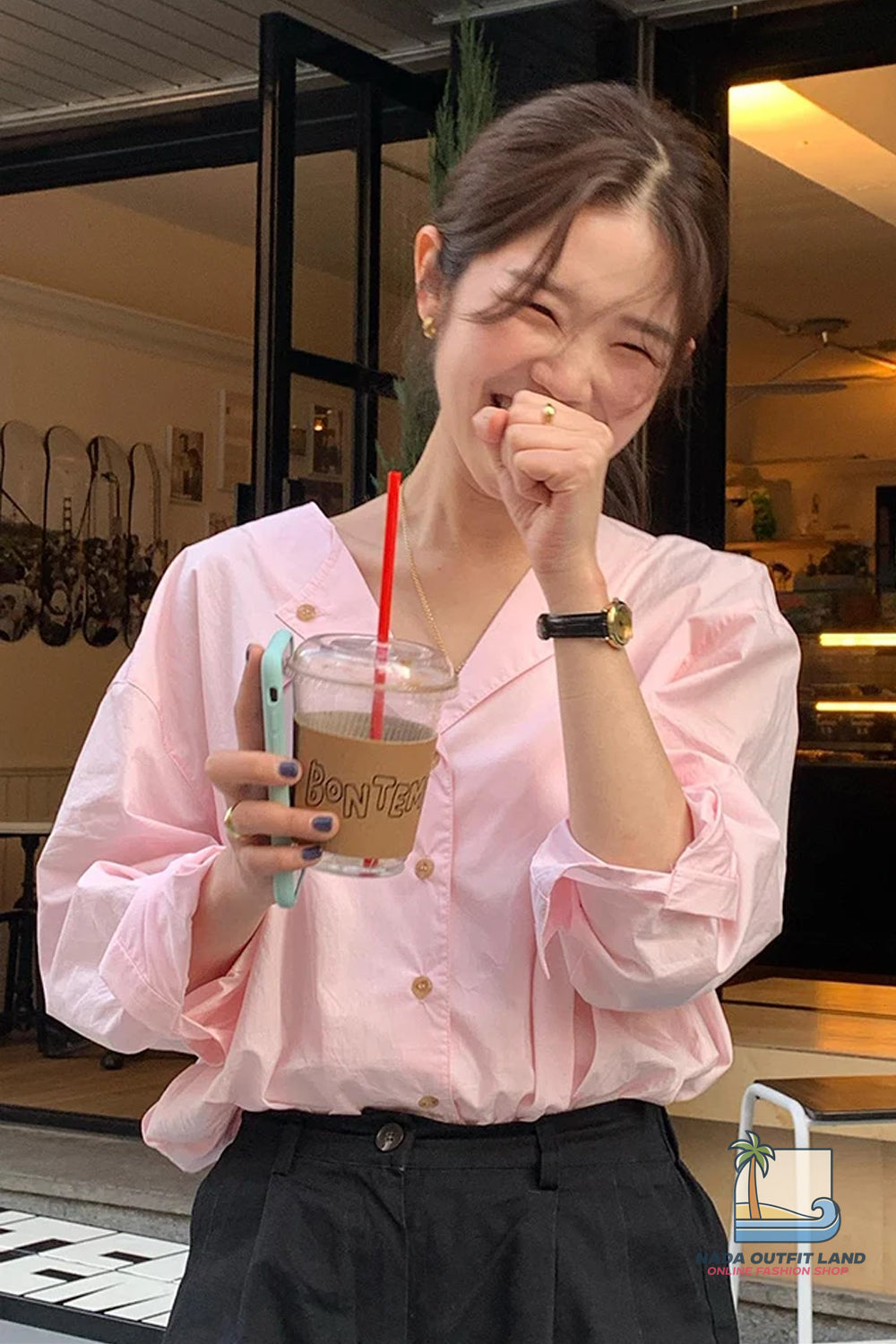 Long Sleeve Cute V-Neck Pink Blouse Shirt