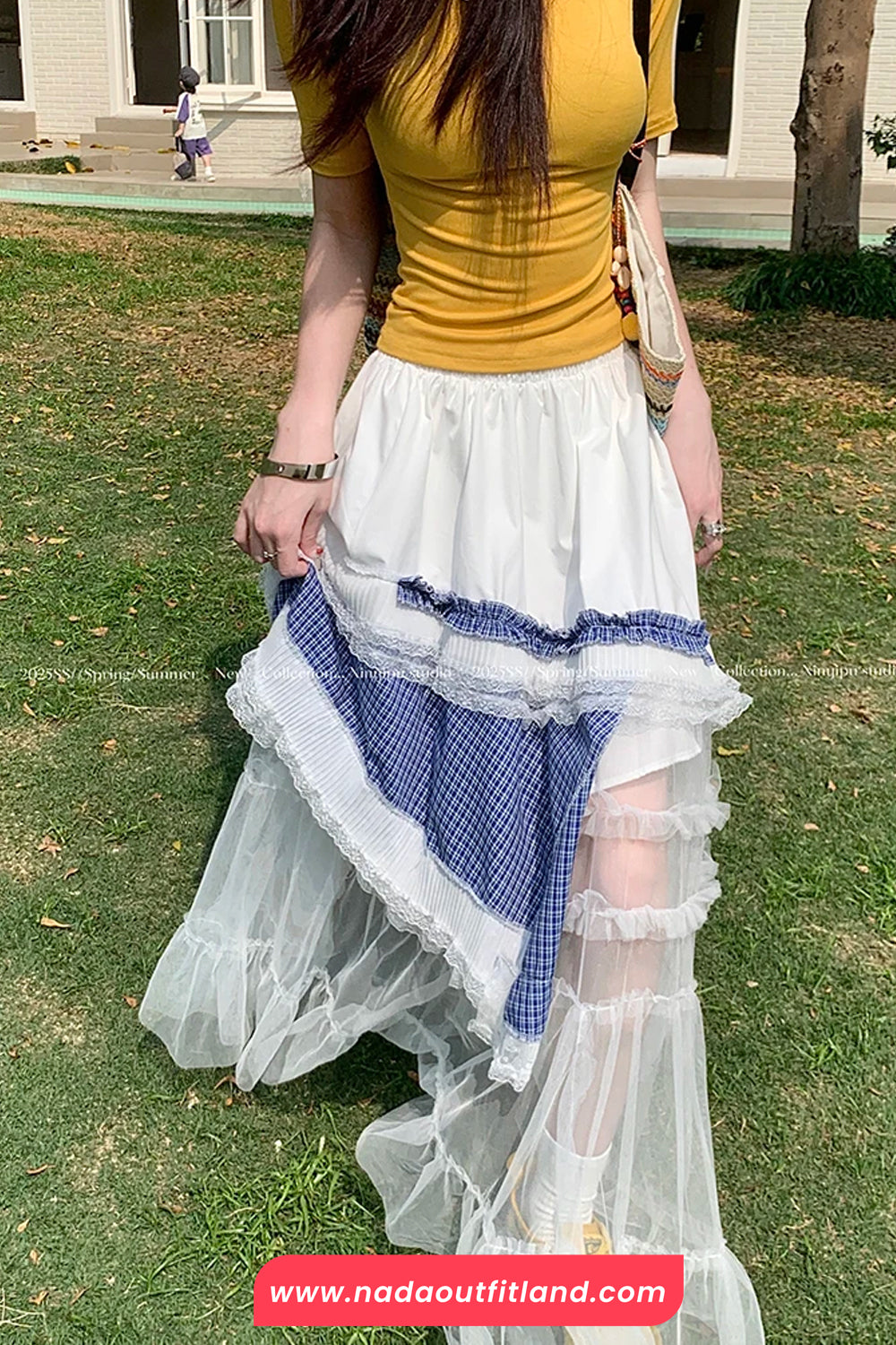 High Waist Irregular Plaid Lace Mesh Casual Skirts
