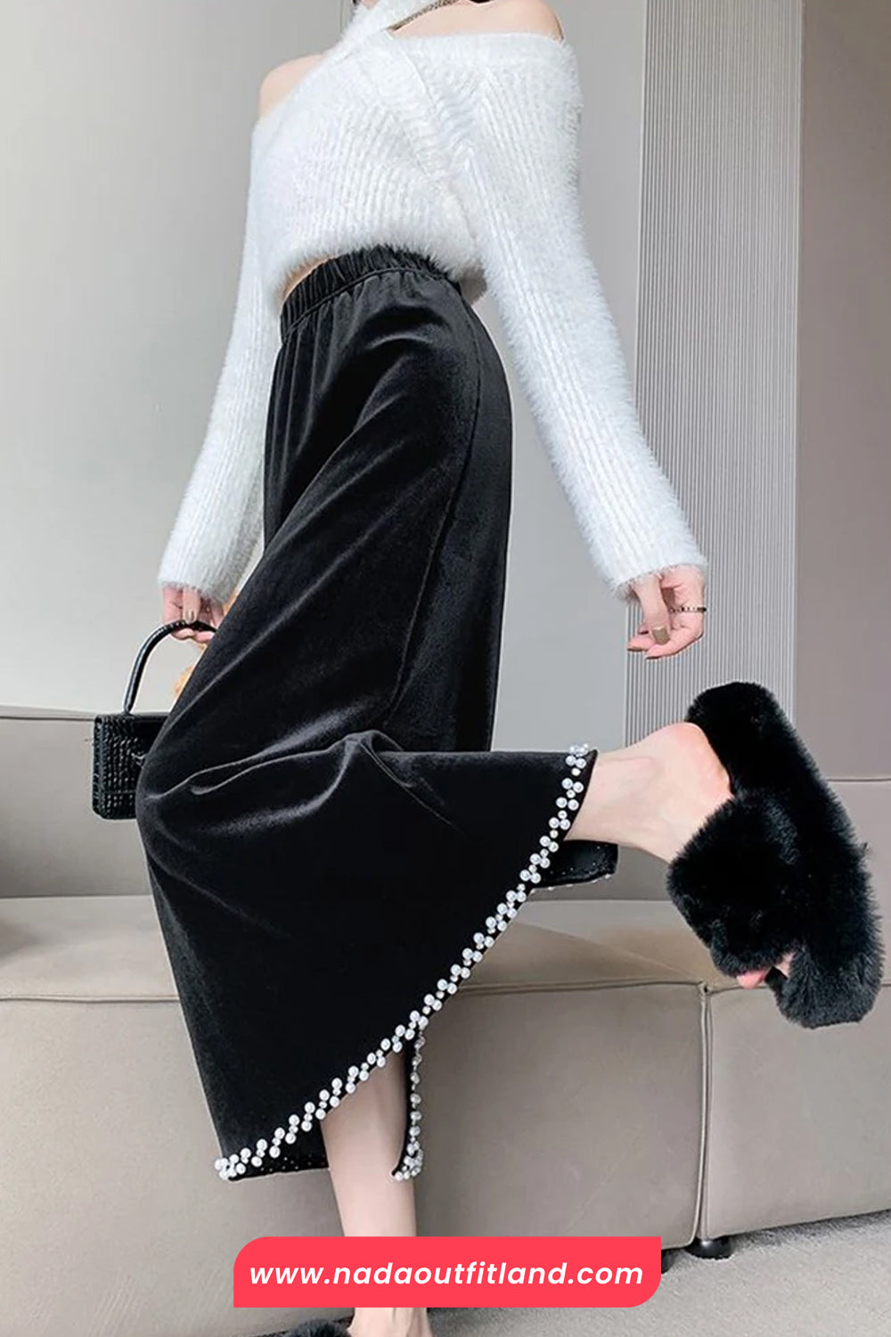 High Waist Sweet Pearl Velvet Slit Cut Skirts