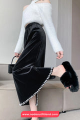 High Waist Sweet Pearl Velvet Slit Cut Skirts