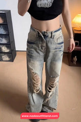 High Waist Vintage Tie Dye Ripped Jeans Pants