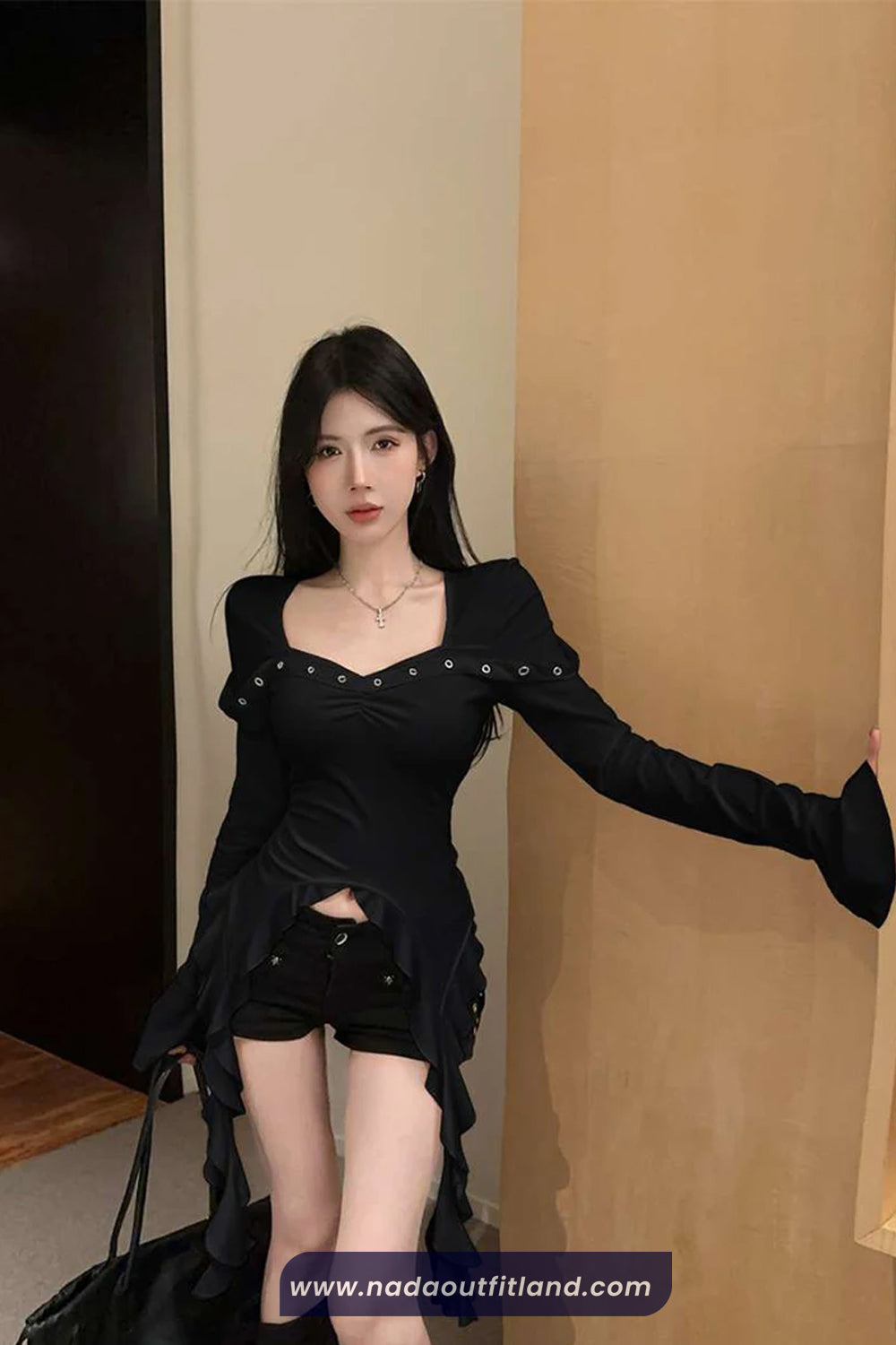 Long Sleeve Square Collar Ruffled Sexy Cropped Shirt