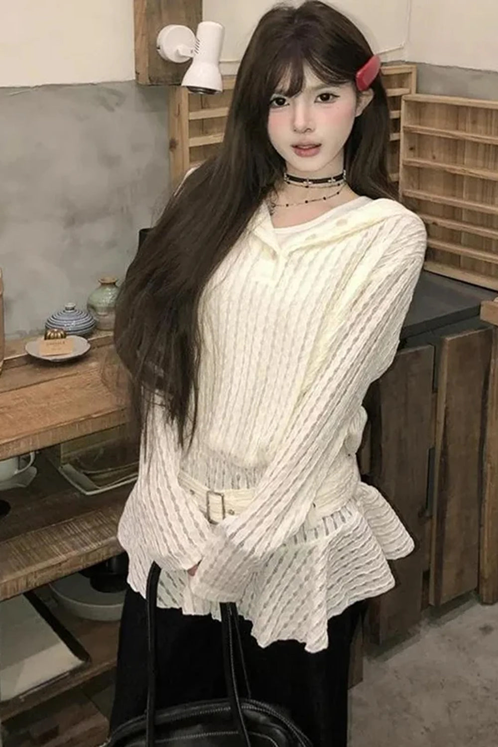 Belt Hooded Hollow Out Ruffled Sweatshirt