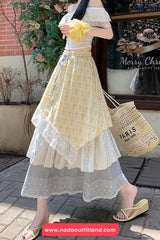 High Waist Lace Drawstring Retro Long Skirts