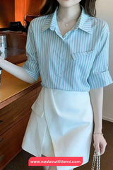 Short Sleeve Striped Pattern Office Blouse Shirt