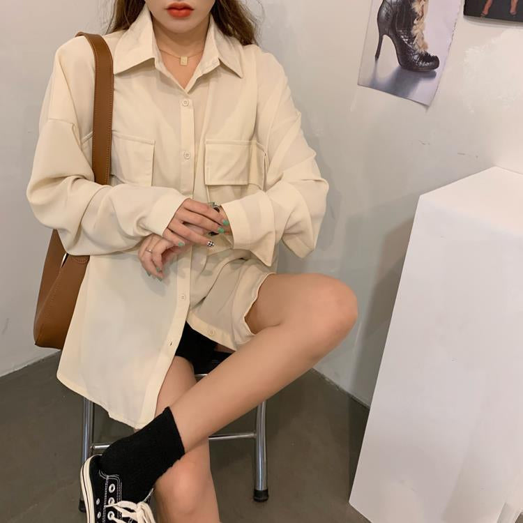 Long Sleeve Double Pockets Retro Blouse Shirts
