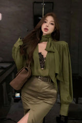 Long Sleeve Sexy Design Green Blouse Shirt