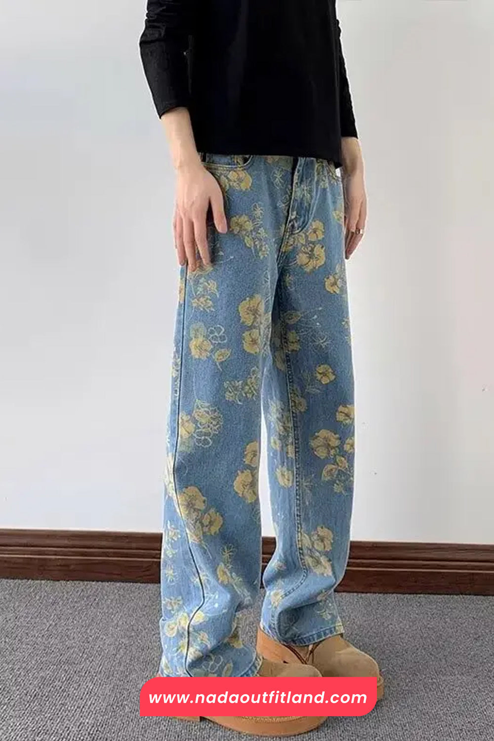 High Waist Retro Flowers Pattern Blues Denim Jeans Pants
